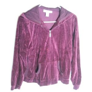 Plush Velour Burgundy Wine Hoodie Jacket Large